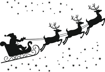 Festive santa claus and reindeer sleigh flying through starry night on transparent background silhouette