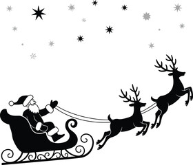 Santa claus and reindeer flying with stars on transparent background silhouette