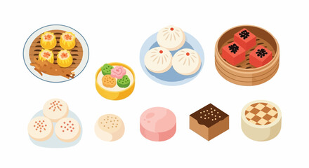 Assorted Chinese dim sum shu mai chicken feet steamed buns cake and other desserts