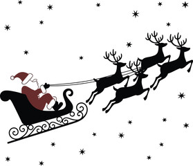 Santa claus and reindeer flying in a sleigh on transparent background silhouette