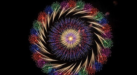 Vibrant Spiral Fireworks Display Illuminating the Night Sky with Colorful Explosions