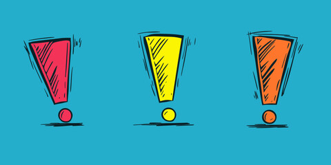Hand drawn colorful exclamation marks in red yellow and orange with sketch style strokes and minimalist flat design isolated on blue background vector illustration
