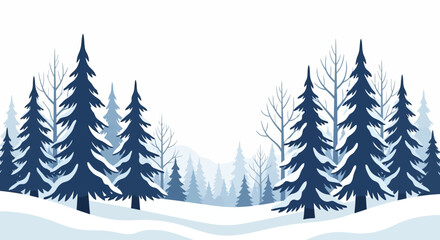 Obraz premium Winter forest scene with dark blue evergreens and lighter blue background trees against a white backdrop
