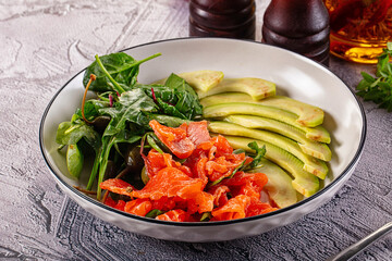Dietary salad with salmon and avocado