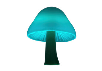 Isolated luminous mushroom with gill structure underneath the cap in turquoise color