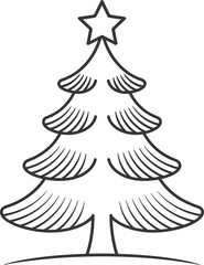 Simple black line drawing of a christmas tree on transparent background silhouette outline