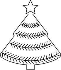 Simple black line drawing of a christmas tree on transparent background silhouette outline