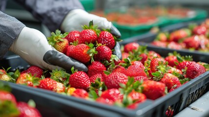 Fresh ripe strawberries being carefully sorted by worker wearing gloves in bright environment full of vibrant red fruit