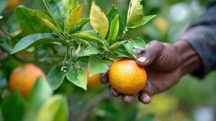 Ripe orange fruit held by hand on tree branch with green leaves in natural outdoor setting
