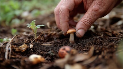 Hand gently picking small mushroom from moist soil with natural forest floor and green plant background