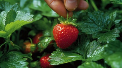 Ripe red strawberry being gently plucked from green leafy plant with water droplets, fresh and vibrant close up harvest scene