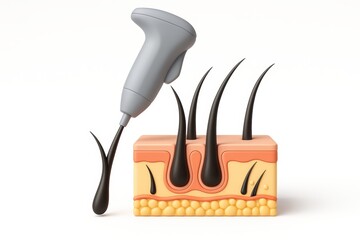 Hair follicle removal concept with handheld device pulling hair from skin layers, detailed anatomy illustration showing hair roots and skin