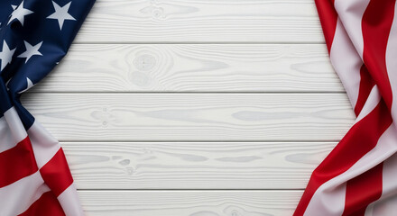 American Flag Drapes on White Wooden Planks, Creating a Patriotic Frame