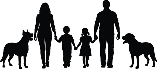 Happy family silhouette walking outdoors with two children and two dogs, symbolizing togetherness, love, parenthood, pet companionship, unity, and wholesome domestic life in vector illustration style