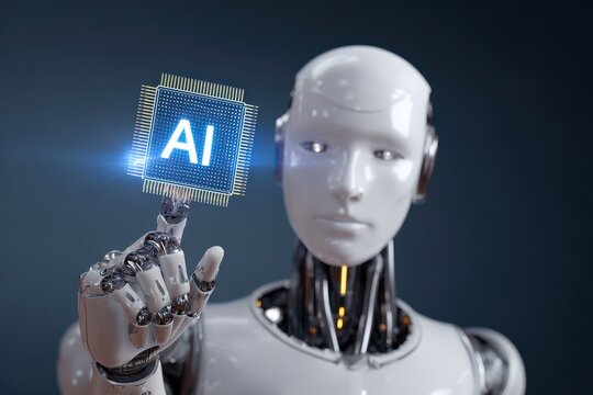 A humanoid robot holds a bright processor chip labeled AI, surrounded by digital lines and data nodes, representing advanced technology and futuristic connectivity.