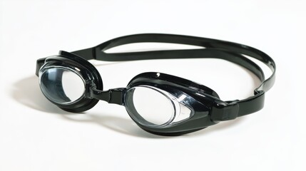 Detailed close up of black swimming goggles on a white background