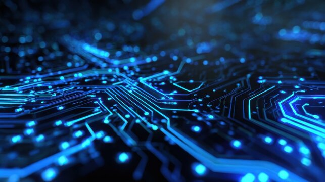 A vibrant circuit board design with blue lights creates a futuristic loading screen. This high end visual offers a polished tech aesthetic for digital applications.