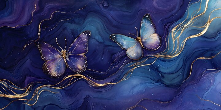 Vivid depiction of two detailed blue and gold butterflies gracefully positioned over a mesmerizing abstract watercolor background, showcasing a dynamic blend of fluid blue, purple, and gold elements