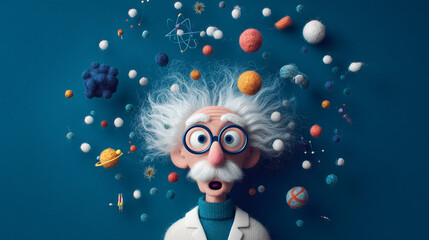 Fototapeta premium Mad scientist surrounded by colorful molecules, atoms, and planets on a solid dark blue felt background, creative science concept perfect for education, fantasy art, innovation, and STEM campaigns.