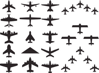 Airplains top view and formations illustrated on white

