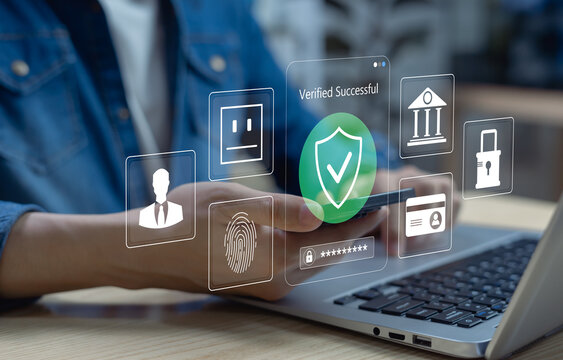Two-factor authentication concept with Man using laptop to log in securely and verify on smartphone, symbolizing data protection, banking, money transfer, and global security.