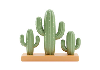 Three green cactus plants isolated on a tan base PNG, desert plant decoration for southwestern style and home decor