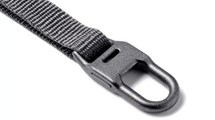Close up of durable black webbing strap with metal clip hardware