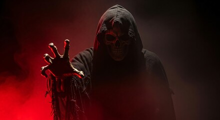 Grim reaper with skull face and outstretched hand in dark, smoky atmosphere