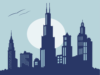 Fototapeta premium Stylized cityscape silhouette with a large pink sun and birds Illustration