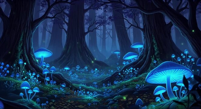 Enchanting glowing mushrooms illuminate a serene magical forest at night, perfect for fantasy stories and captivating nature scenes