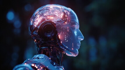 Humanoid robot stands in a futuristic setting, featuring a transparent head with glowing neural networks and floating holograms.