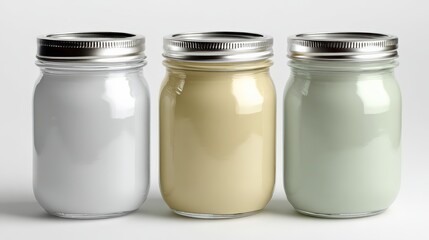 Set of three glass jars with colorful paints in soft tones for creative projects