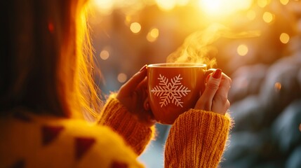 cozy modern everyday lifestyle - Warm Autumn Morning: Woman Enjoying Hot Beverage at Sunrise high quality commercial photography