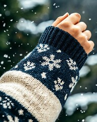 cozy modern everyday lifestyle - Cozy Winter Sweater with Snowflake Design in Falling Snow high quality commercial photography