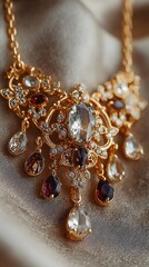 The intricate gold necklace, adorned with sparkling crystals and colored gems, beautifully catches the light on the soft folds of luxurious fabric in the studio.