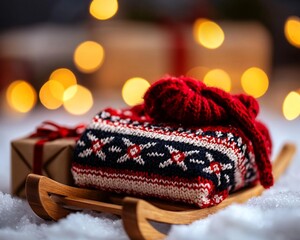 modern creative concept image - Festive Winter Sweater on Wooden Sled with Christmas Lights high quality commercial photography