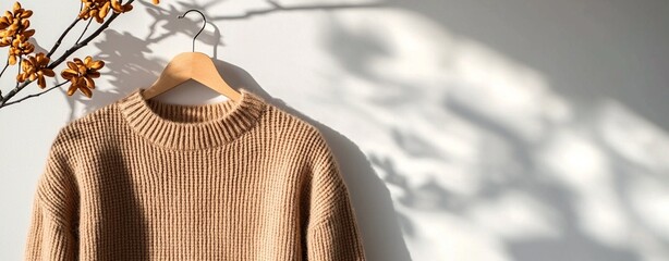 trending cozy fashion outfit - Cozy Beige Knitted Sweater Hanging with Autumn Branch Shadows high quality commercial photography