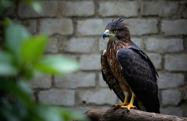 Fototapeta premium Adult Crested Hawk Eagle perches on sturdy tree branch. Powerful bird of prey sharp yellow eyes, distinctive crest. Watches alertly, brown feathers ruffled. Brick wall stands in background, green