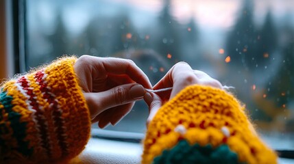cozy modern everyday lifestyle - Cozy Knitted Sweater and Hands on a Rainy Day by the Window high quality commercial photography