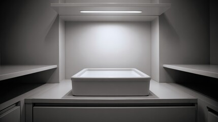 Minimalist kitchen interior featuring centered white dish in soft lighting environment