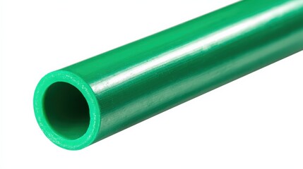 Close up view of a green plastic pipe for various applications in construction and plumbing