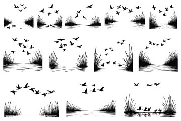Black silhouette flock of ducks flying over water with reeds