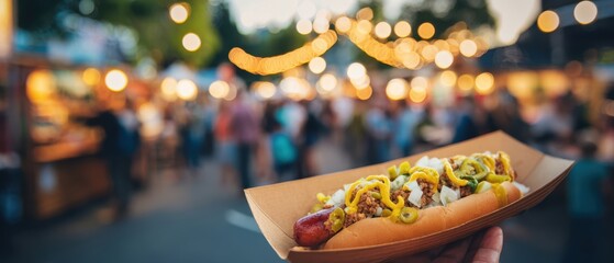 The delicious hot dog served at a lively summer street festival.