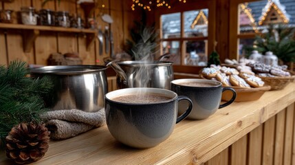 Warm drinks and festive treats served at a cozy wooden cabin during a winter market celebration