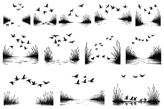 Black silhouette flock of ducks flying over water with reeds