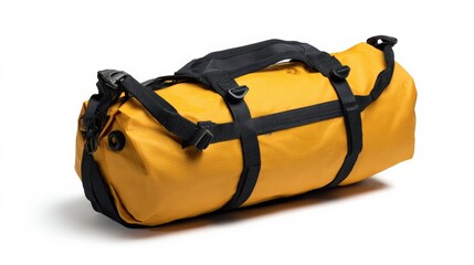 Durable yellow waterproof duffel bag with black straps ideal for outdoor activities