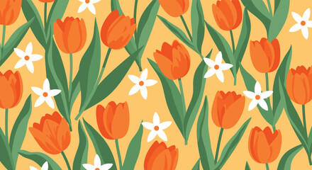 Fototapeta premium A beautiful pattern featuring vibrant orange tulips and white star flowers on a yellow background.
