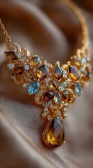 An exquisite golden necklace, intricately adorned with gleaming gemstones in shades of amber and blue, rests elegantly on a shimme silken fabric backdrop.