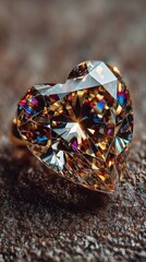 A heart shaped diamond shimmers with refracted light, beautifully cut and presented, showcasing brilliance and romantic elegance on textured surface.