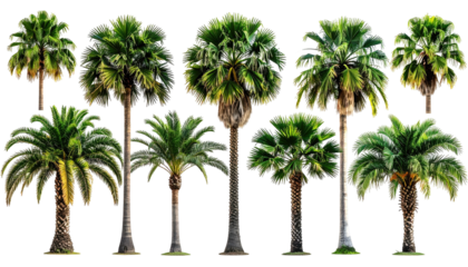 Collection of diverse palm trees standing tall against a white background.
